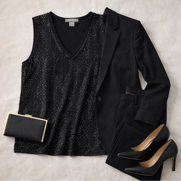 Banana Republic Tops - BANANA REPUBLIC BLACK BEADED ITALIAN MERINO WOOL VNECK TANK TOP ITALIAN WOOL L